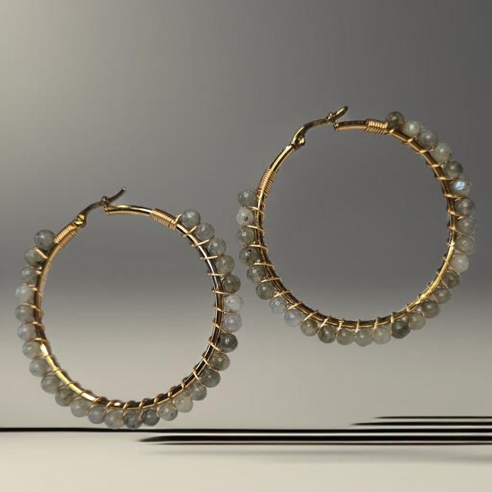 18k Gold Plated Boho Labradorite Stone Wire Wrapped Bead Hoops - Picture 2 of 5